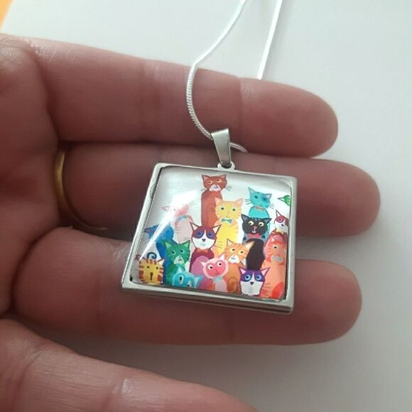 Hand Crafted Stainless Steel Cartoon Cats Charm Stamped Sterling Silver Necklace - Picture 2 of 5